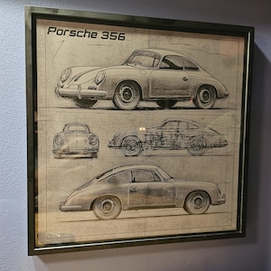 Porsche 356 Blueprint – Vintage Sports Car Laser Engraved Wall Art | Framed Aluminum Decor | Gift for Classic Car Enthusiasts