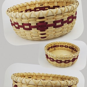 May include: Three woven baskets in a natural brown colour with a burgundy design. The baskets are round and have a slight lip around the top.