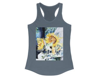 Sonnenblume Racerback Tank Top, Blumen Tank Top, Damen Sommer Shirt, Aquarell Blume T-Shirt, Yoga Tank, ärmelloses Top mit Blumenmuster