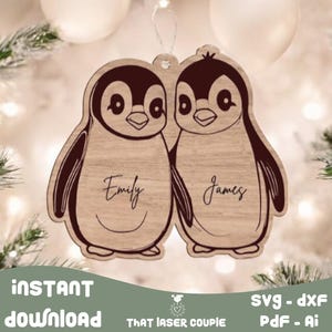 Décoration de Noël SVG, fichier laser, Onament de couple de pingouins, découpe laser de Noël SVG