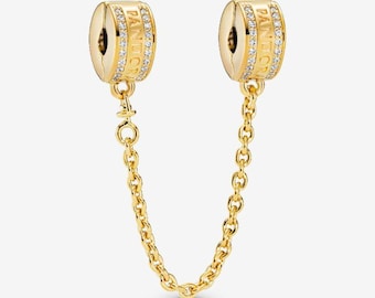 Pandora  gold Moments Logo Sterling Silver Safety Chain Clip Charm
