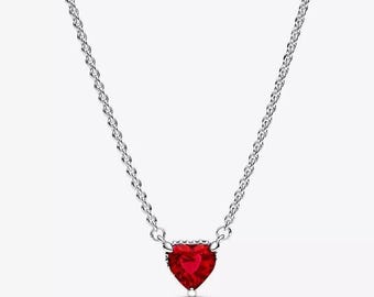 Handmade Sterling Silver Heart Necklace • Red Cubic Zirconia Halo Pendant • Gift Box Included