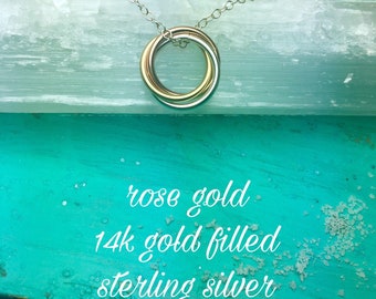 Tri Color Mixed Metal Rings 3 SISTERS NECKLACE Three Sisters Jewelry Rose Gold 14k Gold Filled Sterling Silver Connected Circles Sliding