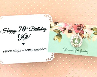 70th BIRTHDAY Gift for Mom - .925 Sterling Silver and/or 14k GF 70th Birthday Necklace for Grandma 7 Rings for 7 Decades Connected Rings