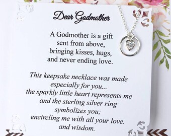 GODMOTHER Necklace Fairy Godmother Gift Will You Be My Godmother 2 Different Poems Swarovski Crystal Heart set in Sterling Silver