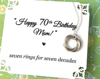 70th BIRTHDAY Gift for Mom 70th Birthday Necklace for Grandma Sterling Silver or Silver and Gold 7 Rings for 7 Decades, 7 Connected Rings