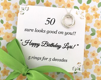 50th BIRTHDAY Gift for Women Fifty and Fabulous Birthday Necklace STERLING SILVER 5 Rings for 5 Decades Interlocking Connected Circles