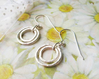 Sterling Silver Earrings / Modern Minimalist Circles / Organic Hammered Rings / Sister Gift / Friendship Gift /Gifts Under 40 READY TO SHIP