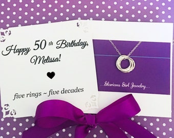 50th BIRTHDAY Gift for Women 5 Connected Circles FIFTY 50th Birthday Necklace POEM Sterling Silver 5 Rings for 5 Decades 5 Intertwined rings