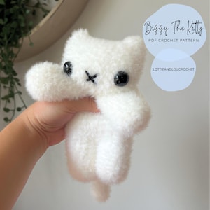 May include: A fluffy white crochet cat toy with black button eyes and a stitched 'x' for a mouth. The toy is held in a hand. Text on the image reads "Biggy The Kitty PDF Crochet Pattern" and "LottieandLouCrochet".
