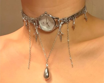 Vintage Watch Choker Necklace – Mixed Charms Statement Necklace - Unique Watch Pendant Choker - Gift Idea