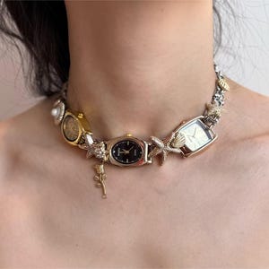 Vintage Watch Face Choker Necklace – Upcycled Timepiece Jewelry with Starfish & Pearl Accents, Steampunk Statement Accessory