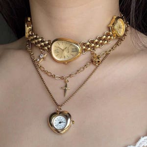 Gold Layered Choker Necklace with Watch Charms – Unique Vintage-Inspired Timepiece Jewelry, Statement Steampunk Necklace