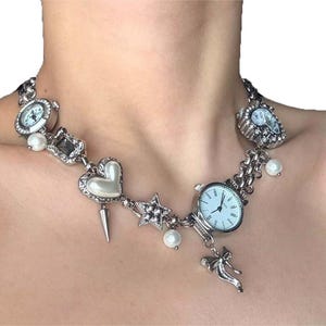 Elegant Triple Watch Choker Charm Necklace – Silver Chain Statement Necklace - Handcrafted Heart Charms Pendant - Gift for Her
