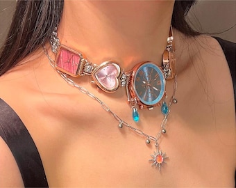 Fantasy Pink & Blue Watch Face Choker – Steampunk Fairycore Necklace - Charms Choker - Gift Idea