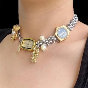 Vintage Gold & Silver Watch Choker Necklace – Statement Timepiece Jewelry with Pearls Charms - Gift for Her