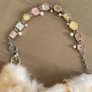 Colorful Watch Face Bag Charm – Unique Steampunk Purse Chain with Pearl Accents, Retro Watch Dial Accessory, Gift for Her