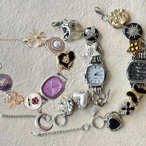Vintage Charm Watch Bracelet – Unique Retro Charms Bracelet with Heart, Flower, Pearl & Star – Women’s Fashion Statement Watches