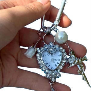 Punk Sliver Watch Keychain, Heart Watch Face Pendant Bag Decoration, Teardrop Clock Charm, Grunge Y2K Aesthetic, Gift for her