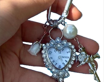 Punk Sliver Watch Keychain, Heart Watch Face Pendant Bag Decoration, Teardrop Clock Charm, Grunge Y2K Aesthetic, Gift for her