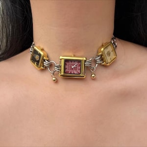 Gold Tripe Watch Choker Necklace – Charms Pendant Timepiece Statement Necklace