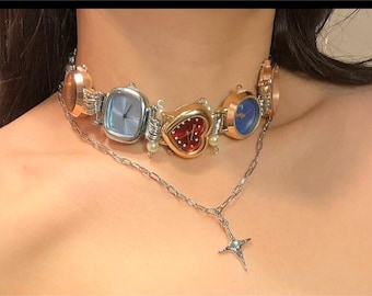 Vintage Multi-Watch Face Choker Necklace – Retro Timepiece Statement Choker - Mixed Dials Necklace Gift Idea