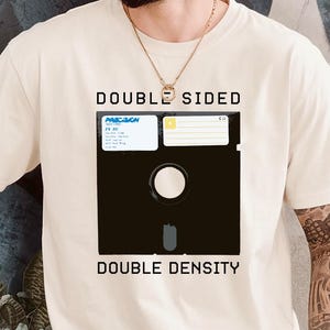 Double Sided Double Density Softstyle T-Shirt -5 1/4&quot; Floppy Disk Vintage Computer Retrocomputing Apple II Commodore 64 IBM Ms-DOS 1980s 90s