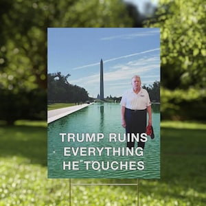 Trump ruiniert alles, was er anfasst – Grünes Gartenschild am Reflecting Pool des Washington Monuments mit Algen