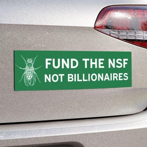 May include: A rectangular green bumper sticker with a white line drawing of a fly on the left side. The text in white capital letters reads FUND THE NSF NOT BILLIONAIRES. The sticker is applied to the silver trunk of a vehicle below the taillight.