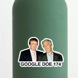 May include: A green water bottle with a sticker of two men in suits. The sticker says 'GOOGLE DOE_174'.