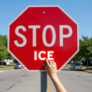 May include: A red octagonal stop sign with the word "STOP" in large white letters. Below, a smaller white rectangle with the word "ICE" is affixed to the sign. A hand is touching the sign. The background shows a street and trees.