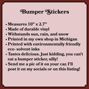 Op de afbeelding: Een lichtroze informatiebord met donkerbruine tekst getiteld Bumper Stickers. Het vermeldt specificaties: afmetingen 25,4 cm x 6,86 cm, gemaakt van duurzaam vinyl, bestand tegen zon, regen en sneeuw, bedrukt met milieuvriendelijke eco-solvent inkt.