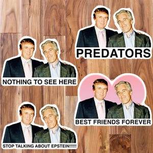 May include: A collection of stickers featuring images of two men, with text overlays. The stickers include phrases like "PREDATORS", "NOTHING TO SEE HERE", "BEST FRIENDS FOREVER", and "STOP TALKING ABOUT EPSTEIN!!!!!". The stickers are on a wooden background.