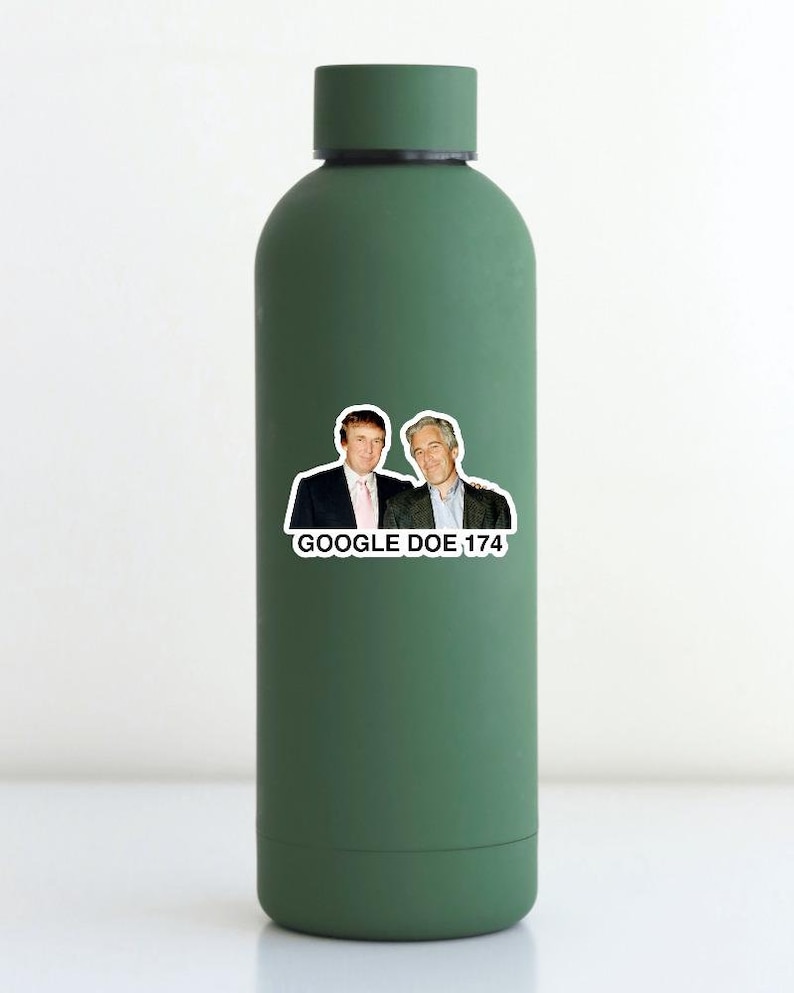 May include: A green water bottle with a sticker of two men in suits. The sticker says 'GOOGLE DOE_174'.