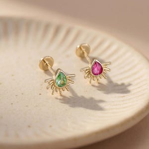 18G S925 Teardrop Ruby Screw Back Earring: 14K Gold Tsavorite Gemstone Helix Cartilage Piercing