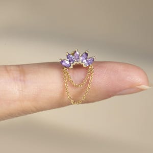 925 Silver Gold 2x4mm Push Back Stud, Purple Floral Helix Cartilage Flat Back Earring, Lolite Gemstone Conch Threadless Pin Piercing