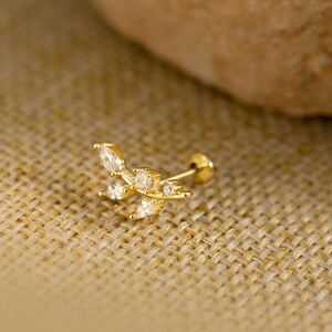 Brinco pendente com pedra preciosa, zircônia dourada 14K, 13 mm, folha, cartilagem minimalista, hélice, tragus, rosca interna, prata 925, presente para ela