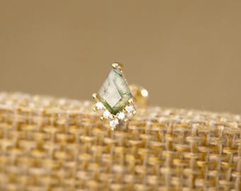 14K Gold Moss Agate 4.5*6MM Leaf Back Stud Gemstone Dangle Earring Minimalist Cartilage Helix Tragus Internal Threaded Stud 925 silver