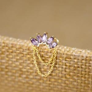 14K Gold Tsavorite 2x4mm Push Back Stud, Purple Floral Helix Cartilage Flat Back Earring, Lolite Gemstone Conch Threadless Pin Piercing