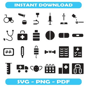 Ensemble d&#39;icônes médicales Clipart SVG médecin infirmière hôpital Silhouette stéthoscope matériel médical usage commercial téléchargement immédiat