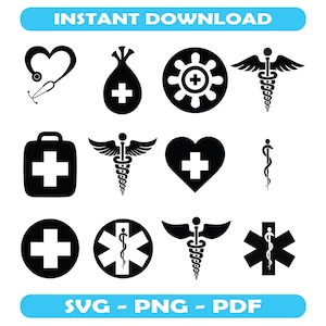 Ensemble d&#39;icônes médicales Clipart SVG médecin infirmière hôpital Silhouette stéthoscope matériel médical usage commercial téléchargement immédiat