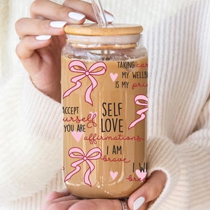 Self-Love Affirmations Glass Tumbler: 16oz Sipper with Bamboo Lid
