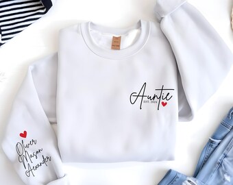 Sudadera personalizada para tía: nombres de sobrinos y sobrinas, revelación de embarazo