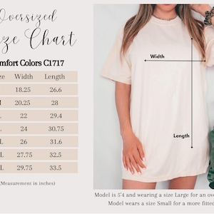 May include: Cream-coloured oversized t-shirt with a size chart. The chart lists sizes S to 4XL, with width and length measurements in inches. The model is wearing a size Large for an oversized fit and a Small for a fitted look.