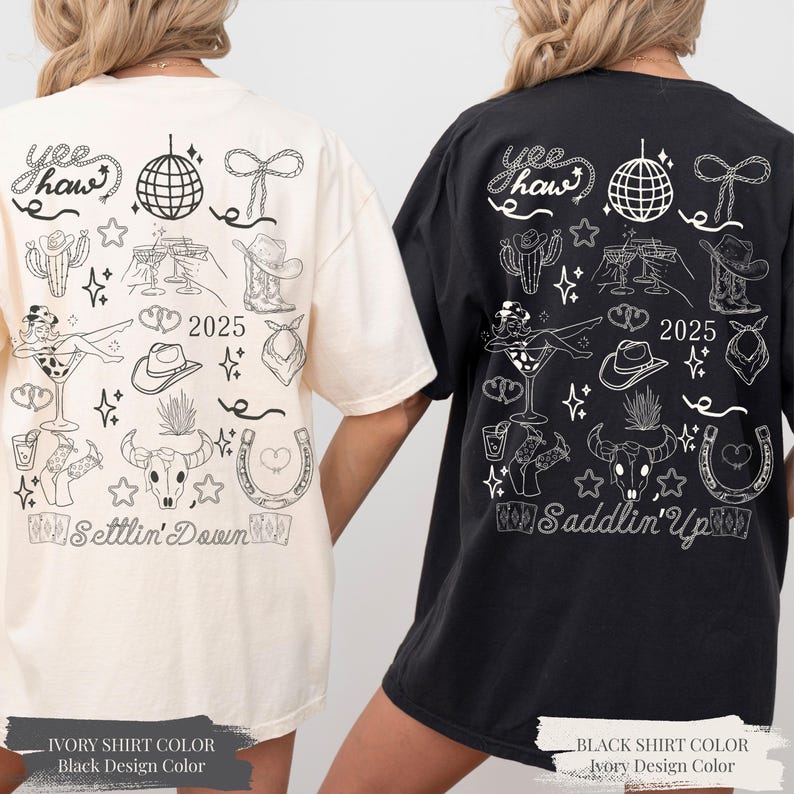 May include: Two t-shirts, one cream and one black, with a black and white design. The design includes a disco ball, cowboy hat, cactus, and the text "Yee Haw" and "Settlin' Down" or "Saddlin' Up".