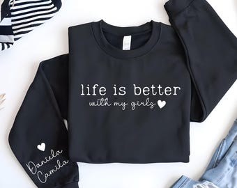 Gepersonaliseerde meisjesmoedersweater: aangepaste kindernamen, mama ronde hals