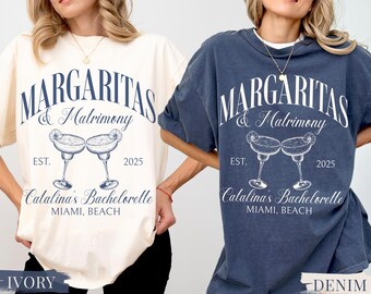 Margs and Matrimony T-Shirts, Bachelorette Party Merch, Personalized Bachelorette Party Shirts, Custom Name and Location Bachelorette Shirts