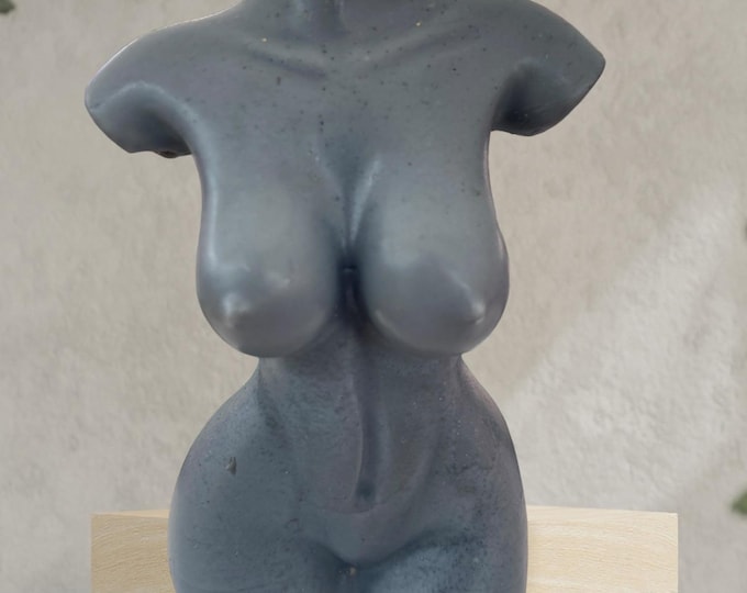 Handmade soy candle of woman’s torso and chest. Flattering candle. Eco friendly scented creation. Comes in presentation box.