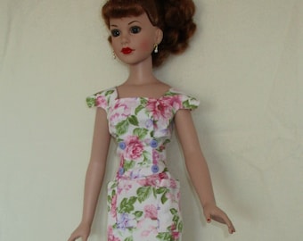 WHite Floral Sheath Sensation Dress, resized from Marirose Reproduction Patterns to fit 18 inch Kitty Collier