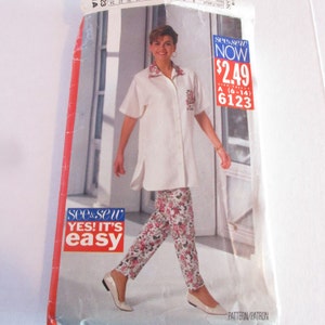 May include: A sewing pattern featuring a white shirt with a floral print collar and a pair of floral print pants. The pattern is for sizes 6-14 and costs $2.49. The text "see&sew NOW" and "YES! IT'S easy" is also visible.